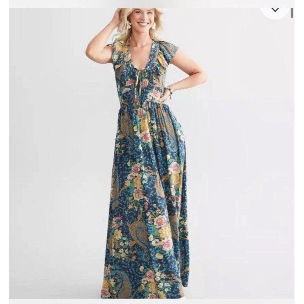O'Neill Nolee Maxi Dress Large Floral Paisley Boho Beach Green Blue
